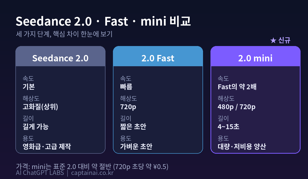 Seedance 2.0 표준·Fast·mini 비교 인포그래픽 - 속도, 해상도, 적합한 용도 차이